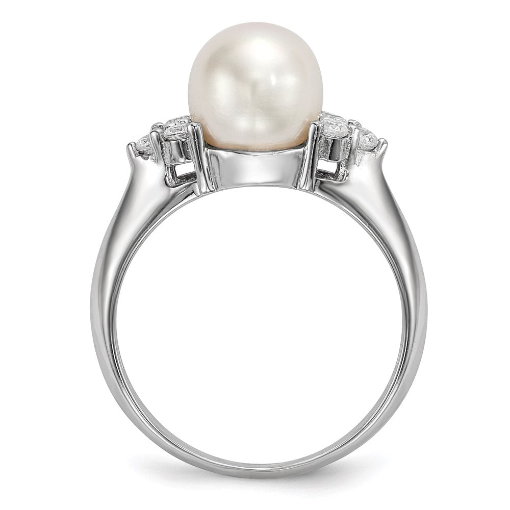 Sterling Silver Rhodium Plated 8 9mm White Button Freshwater Cultured Pearl And Cz Ring