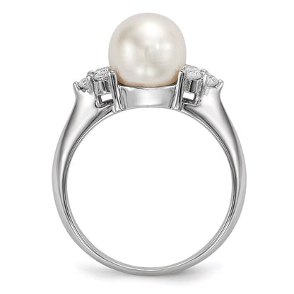 Sterling Silver Rhodium Plated 8 9mm White Button Freshwater Cultured Pearl And Cz Ring