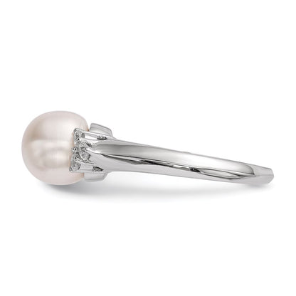 Sterling Silver Rhodium Plated 8 9mm White Button Freshwater Cultured Pearl And Cz Ring