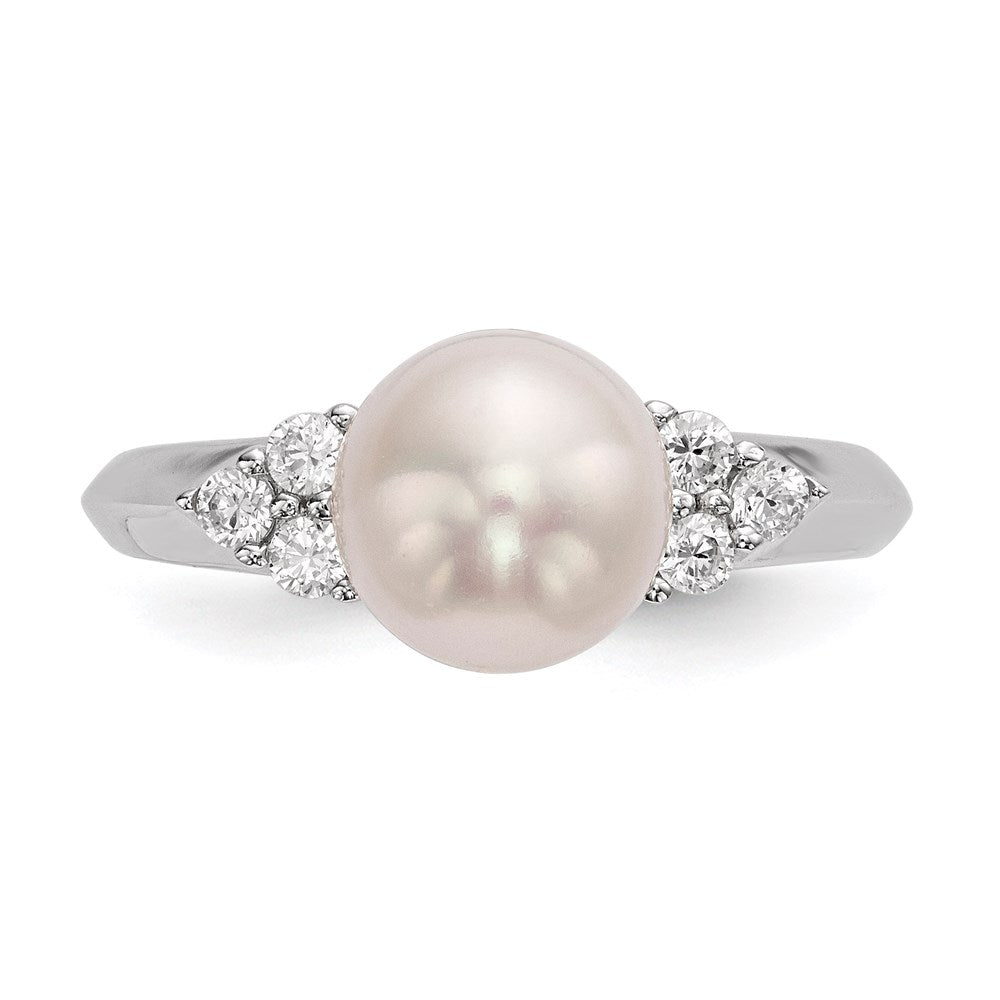 Sterling Silver Rhodium Plated 8 9mm White Button Freshwater Cultured Pearl And Cz Ring