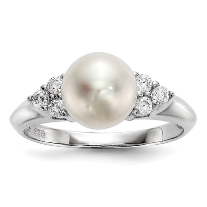 Sterling Silver Rhodium Plated 8 9mm White Button Freshwater Cultured Pearl And Cz Ring
