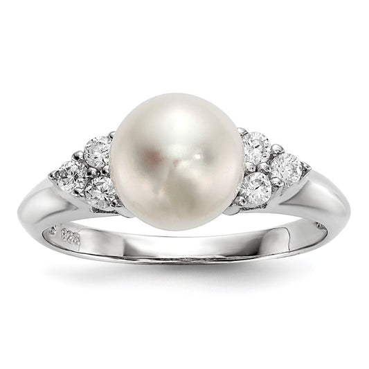 Sterling Silver Rhodium Plated 8 9mm White Button Freshwater Cultured Pearl And Cz Ring