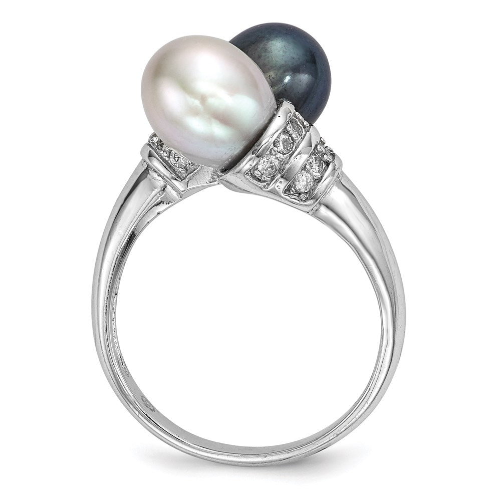 Sterling Silver Rhodium Plated 7 8mm Black And Grey Rice Freshwater Cultured Pearl Cz Ring