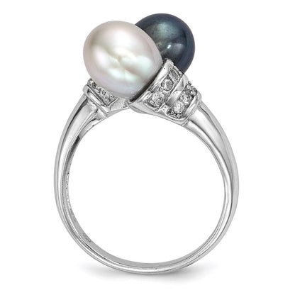Sterling Silver Rhodium Plated 7 8mm Black And Grey Rice Freshwater Cultured Pearl Cz Ring