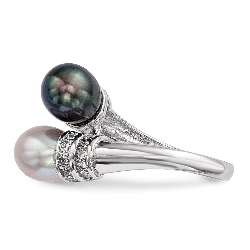 Sterling Silver Rhodium Plated 7 8mm Black And Grey Rice Freshwater Cultured Pearl Cz Ring