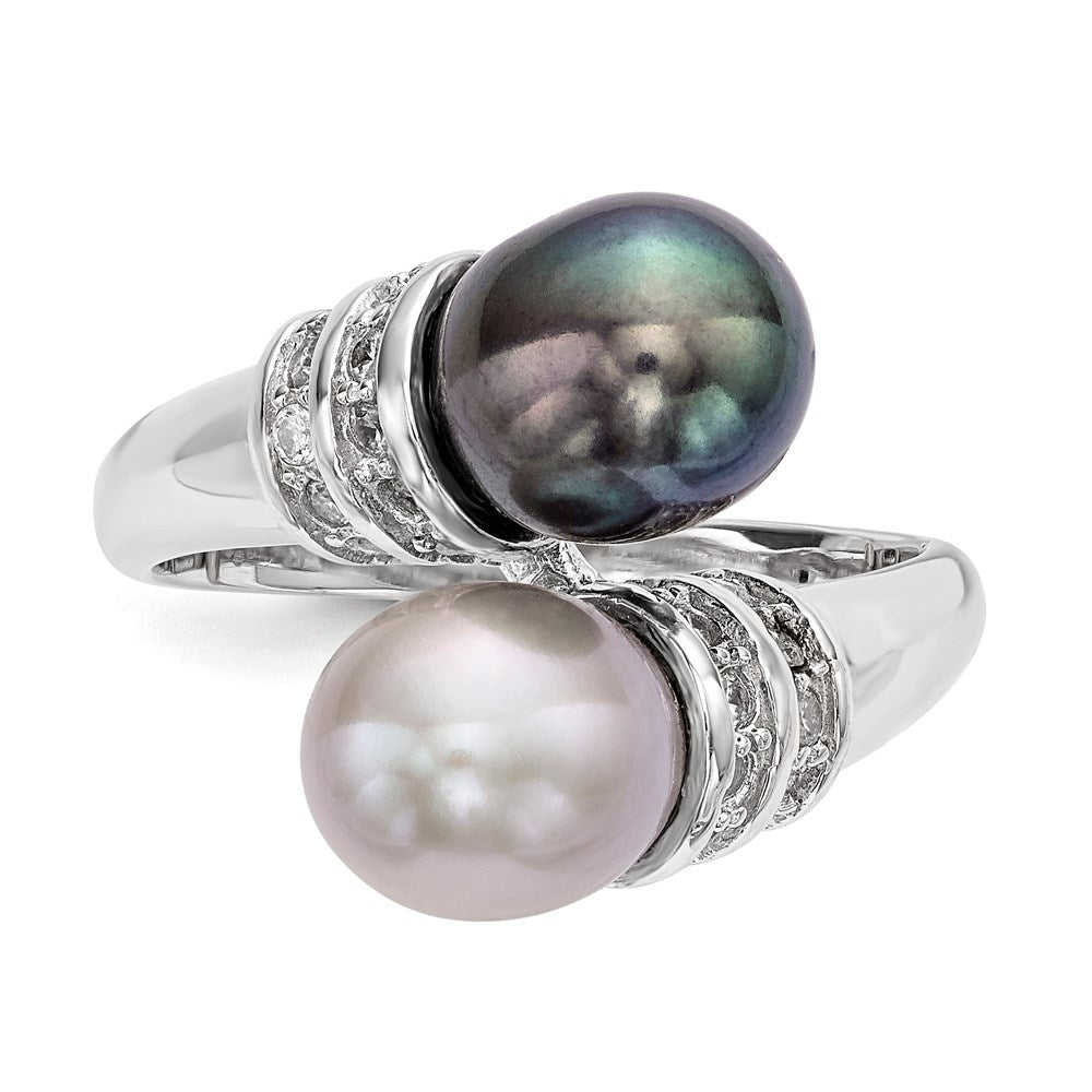 Sterling Silver Rhodium Plated 7 8mm Black And Grey Rice Freshwater Cultured Pearl Cz Ring