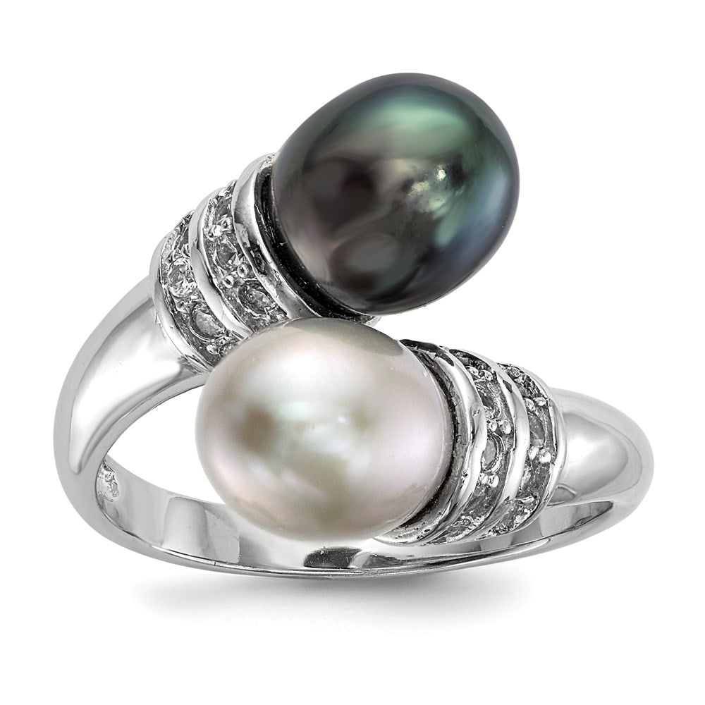 Sterling Silver Rhodium Plated 7 8mm Black And Grey Rice Freshwater Cultured Pearl Cz Ring