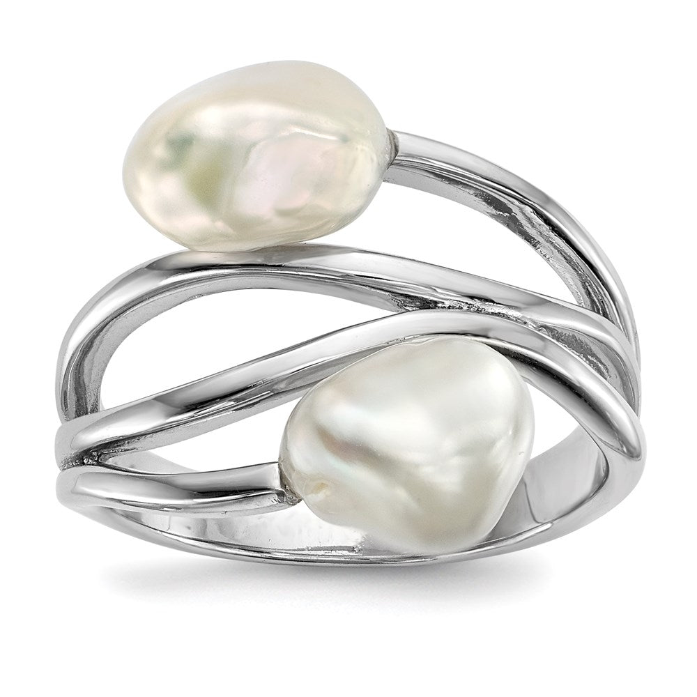 Sterling Silver Rhodium Plated 7 8mm White Baroque Freshwater Cultured Pearl Ring