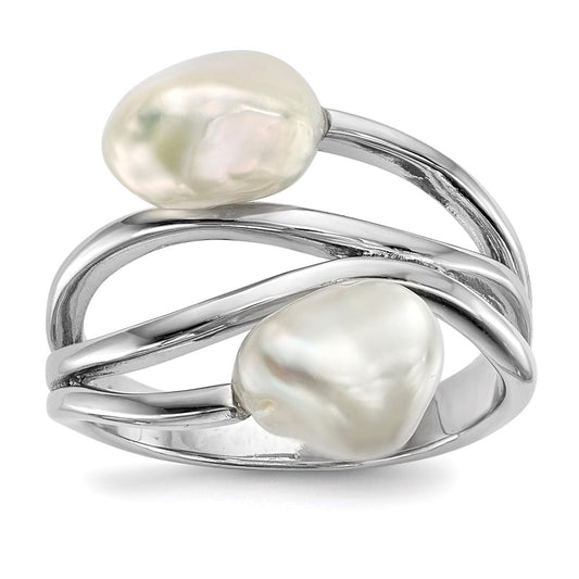 Sterling Silver Rhodium Plated 7 8mm White Baroque Freshwater Cultured Pearl Ring