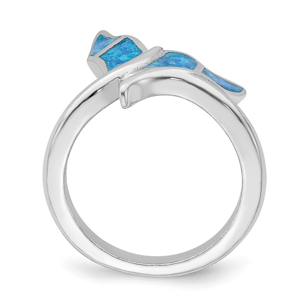 Sterling Silver Rhod Plated Blue Inlay Created Opal Whale Tail Ring (Size 6 Only)