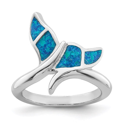 Sterling Silver Rhod Plated Blue Inlay Created Opal Whale Tail Ring (Size 6 Only)
