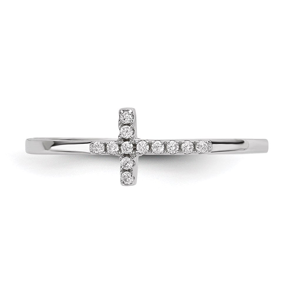 Sterling Silver Rhodium Plated Cz Side Cross Polished Ring
