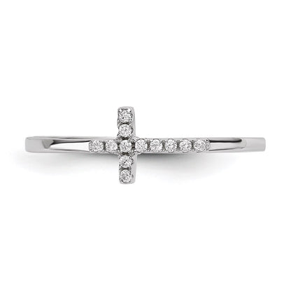 Sterling Silver Rhodium Plated Cz Side Cross Polished Ring