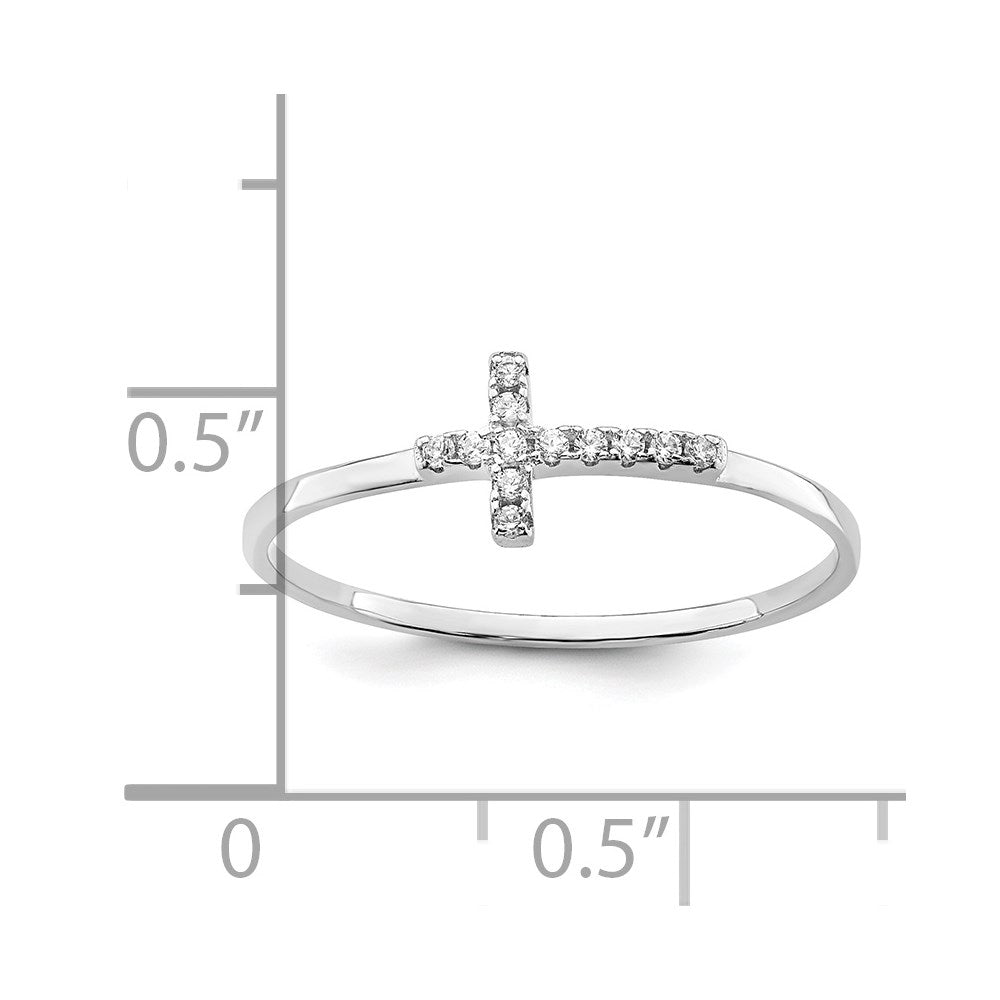 Sterling Silver Rhodium Plated Cz Side Cross Polished Ring