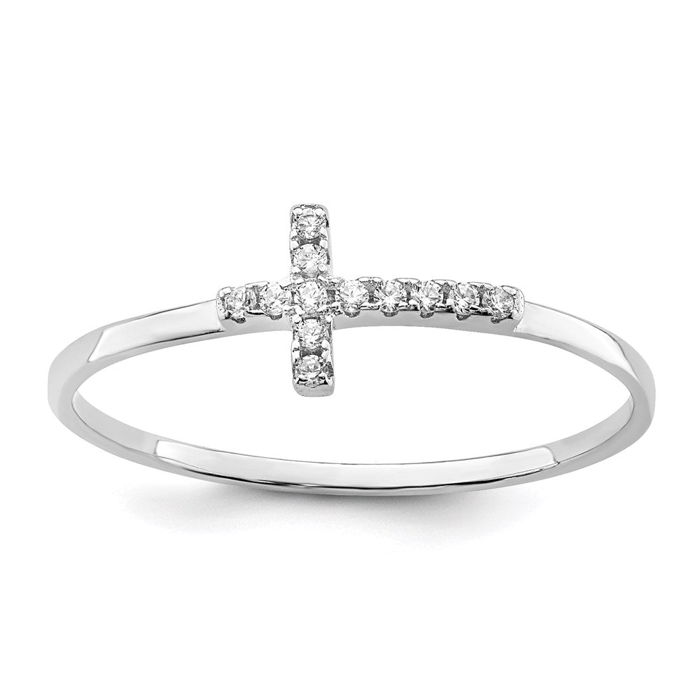 Sterling Silver Rhodium Plated Cz Side Cross Polished Ring