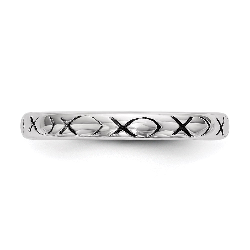 Sterling Silver Rhodium Plated Polished Antiqued Ichthus Ring