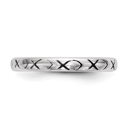 Sterling Silver Rhodium Plated Polished Antiqued Ichthus Ring