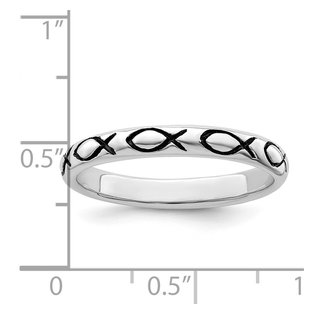 Sterling Silver Rhodium Plated Polished Antiqued Ichthus Ring