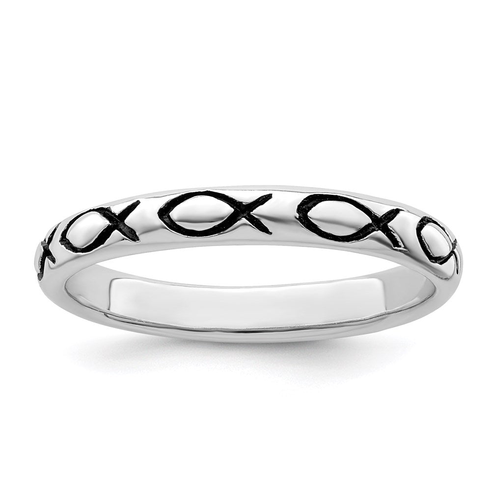 Sterling Silver Rhodium Plated Polished Antiqued Ichthus Ring
