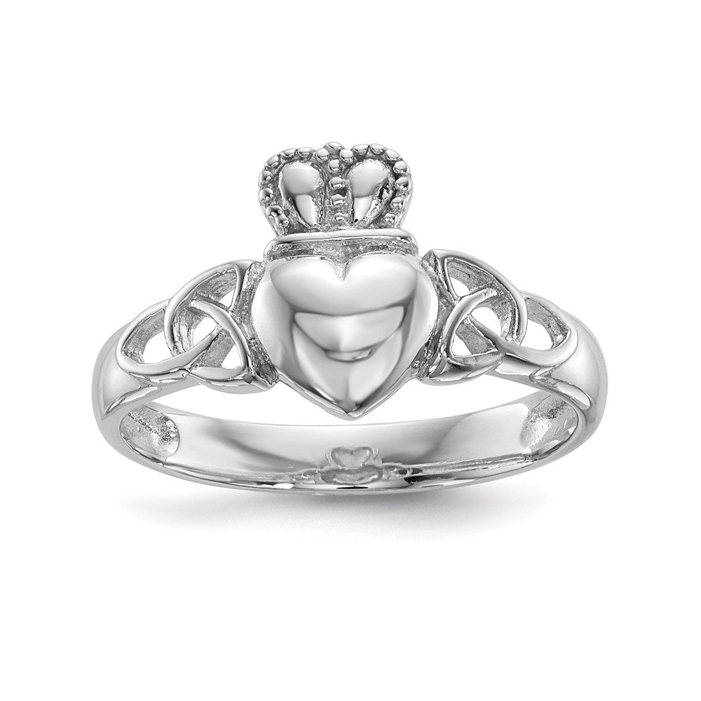 Sterling Silver Rhodium Plated Polished Claddagh Ring