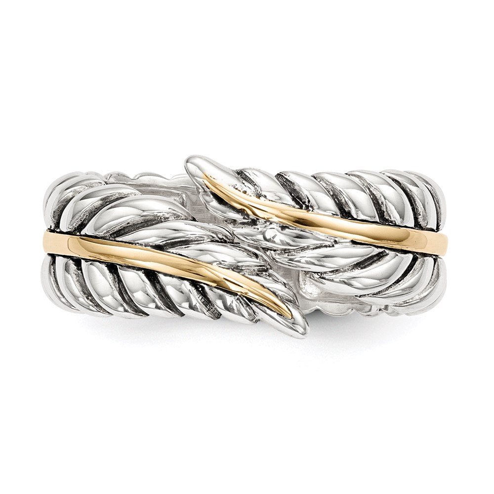 Silver/14K Two Tone Sterling Silver 14K Antiqued Leaves Bypass Ring