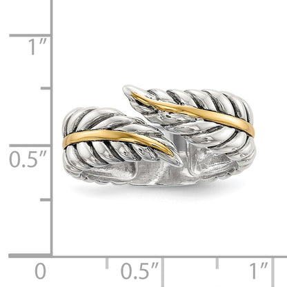 Silver/14K Two Tone Sterling Silver 14K Antiqued Leaves Bypass Ring