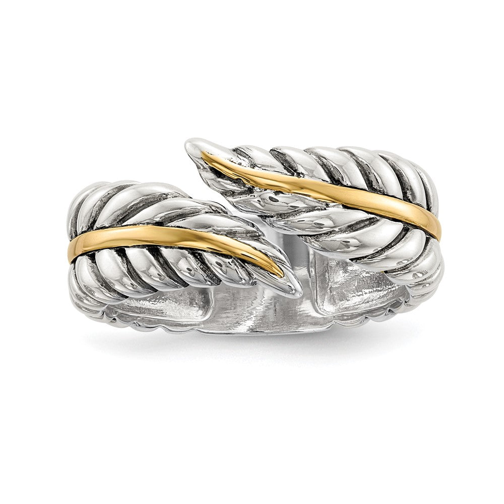 Silver/14K Two Tone Sterling Silver 14K Antiqued Leaves Bypass Ring