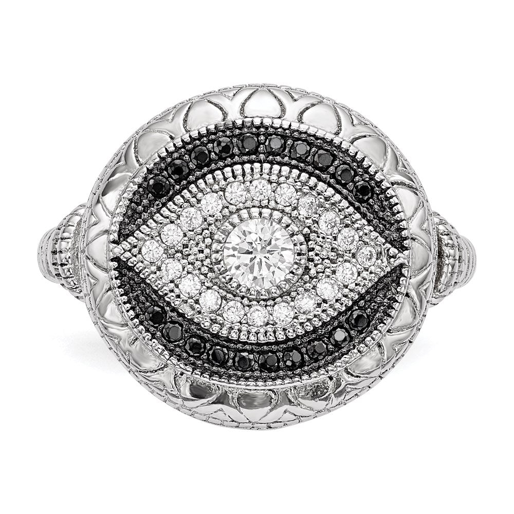 Sterling Silver Rhodium Plated Black And White Cz Evil Eye Ring