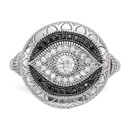 Sterling Silver Rhodium Plated Black And White Cz Evil Eye Ring