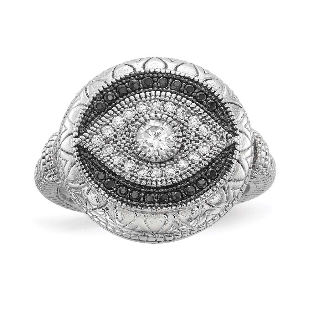 Sterling Silver Rhodium Plated Black And White Cz Evil Eye Ring