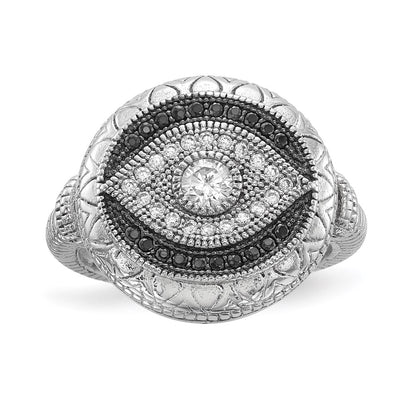Sterling Silver Rhodium Plated Black And White Cz Evil Eye Ring