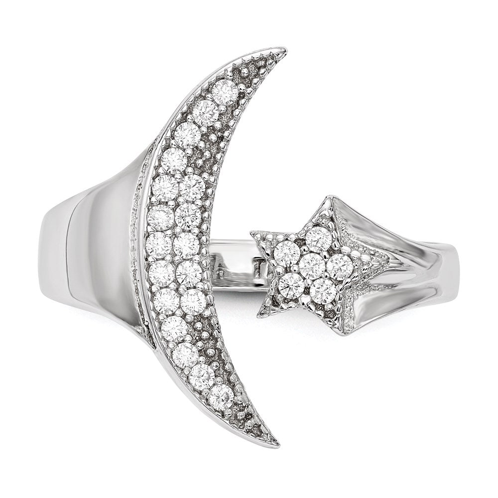 Sterling Silver Rhodium Plated Cz Moon Star Polished Ring