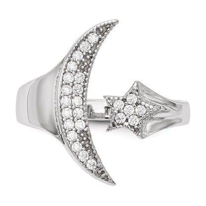 Sterling Silver Rhodium Plated Cz Moon Star Polished Ring