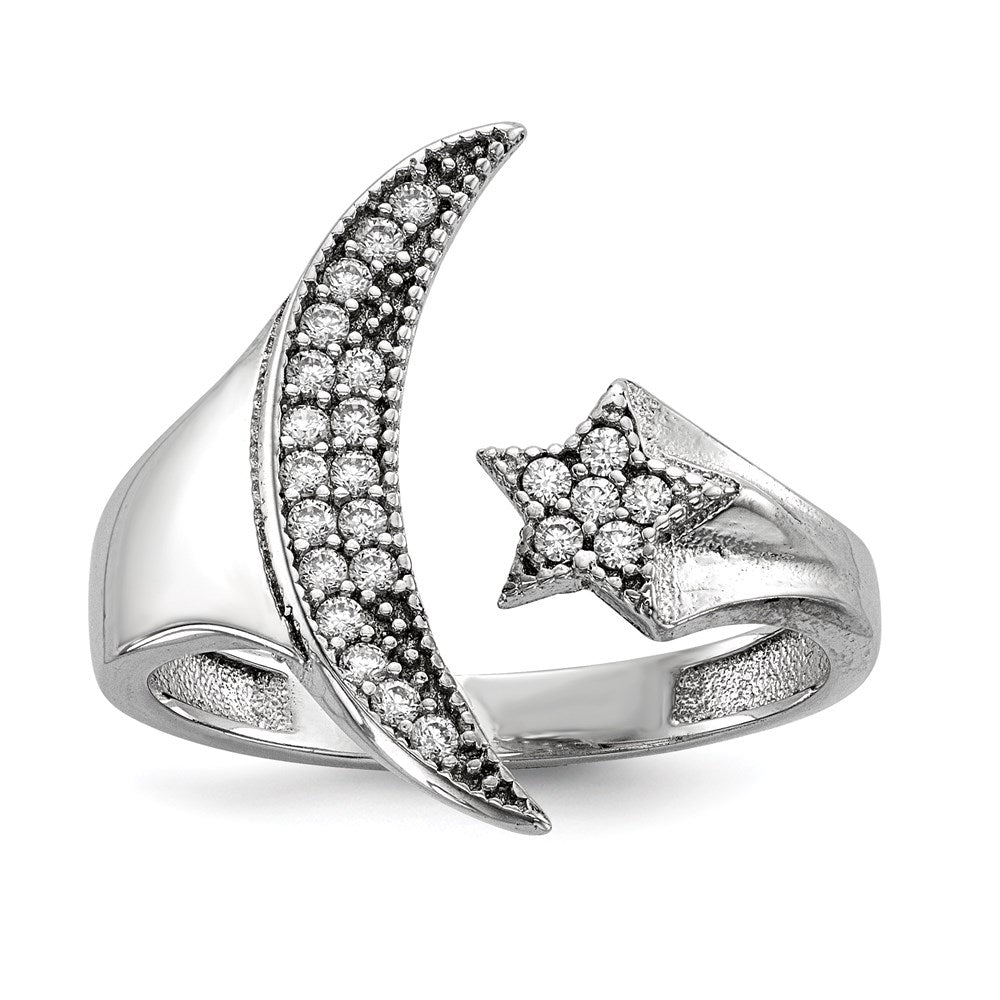 Sterling Silver Rhodium Plated Cz Moon Star Polished Ring