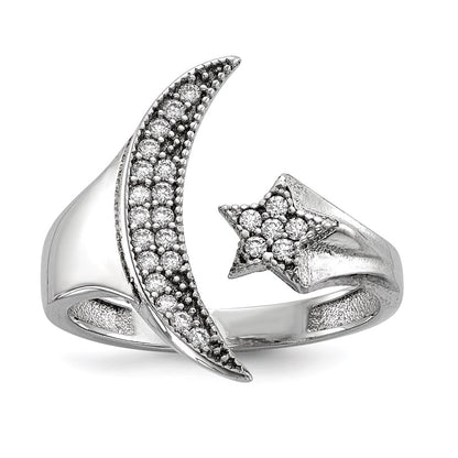Sterling Silver Rhodium Plated Cz Moon Star Polished Ring