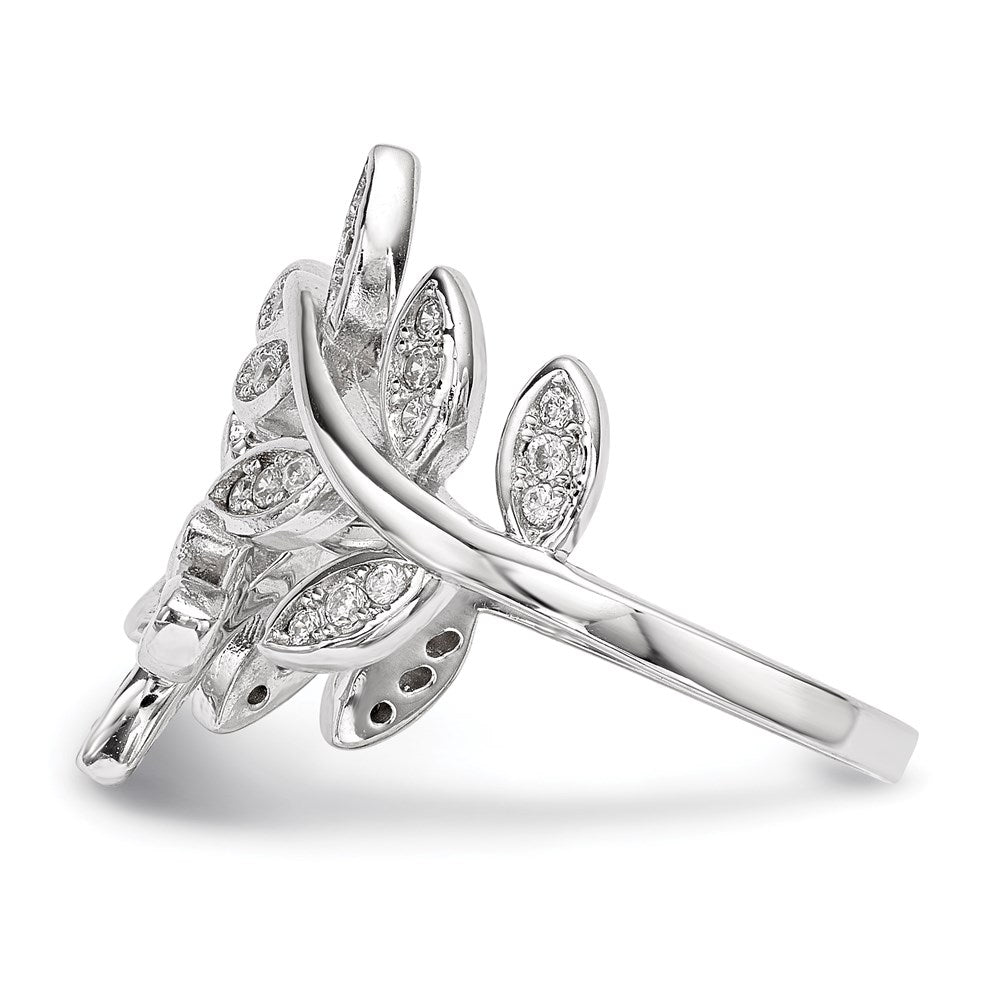 Sterling Silver Rhodium Plated Leaf Cz Ring