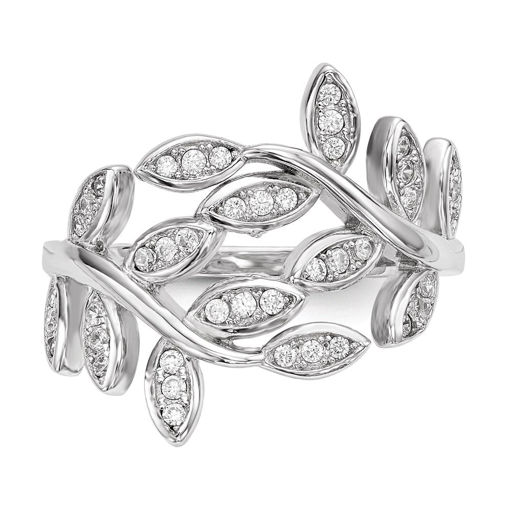 Sterling Silver Rhodium Plated Leaf Cz Ring