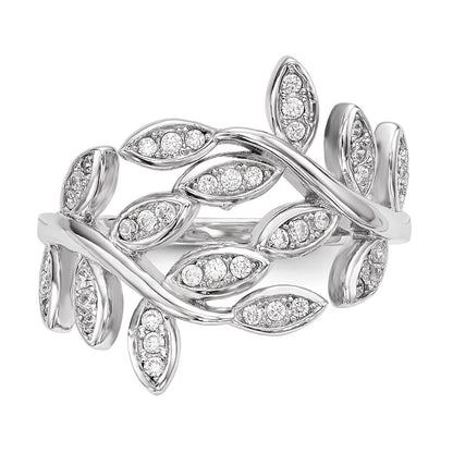 Sterling Silver Rhodium Plated Leaf Cz Ring