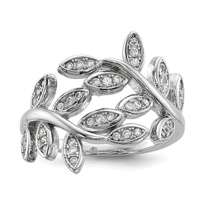 Sterling Silver Rhodium Plated Leaf Cz Ring