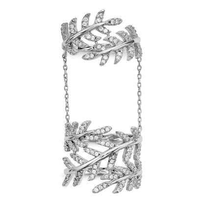 Sterling Silver Rhodium Plated Cz Leaf With Extender Ring