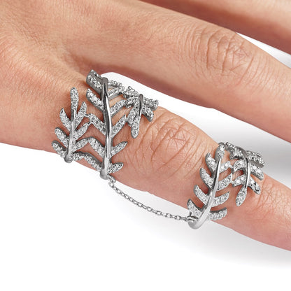Sterling Silver Rhodium Plated Cz Leaf With Extender Ring