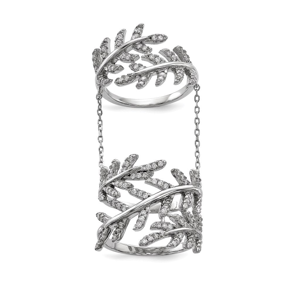 Sterling Silver Rhodium Plated Cz Leaf With Extender Ring