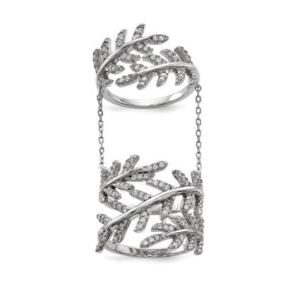 Sterling Silver Rhodium Plated Cz Leaf With Extender Ring