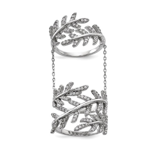 Sterling Silver Rhodium Plated Cz Leaf With Extender Ring