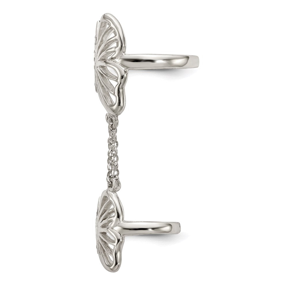 Sterling Silver Polished Cz Butterfly Double Finger Ring