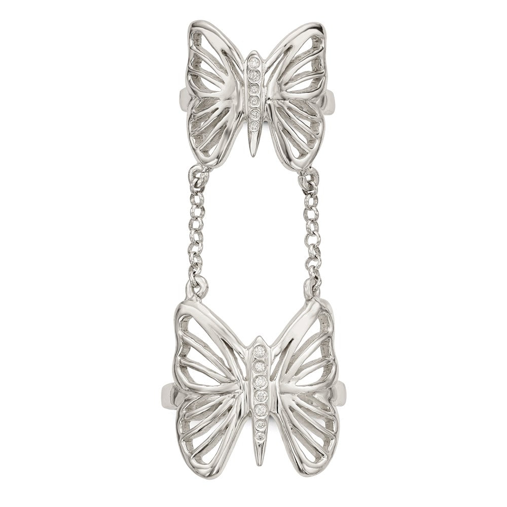 Sterling Silver Polished Cz Butterfly Double Finger Ring