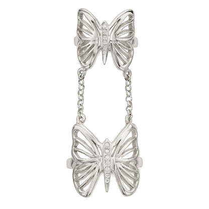 Sterling Silver Polished Cz Butterfly Double Finger Ring