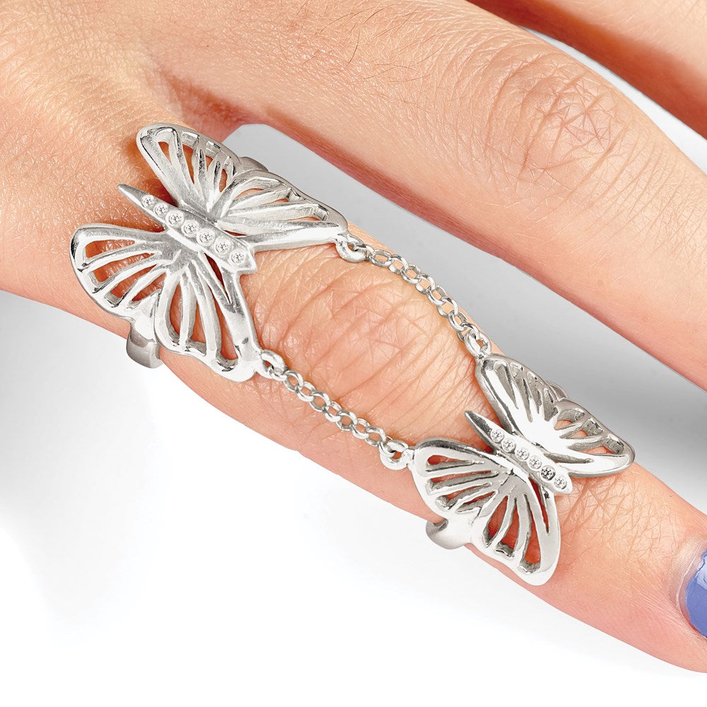 Sterling Silver Polished Cz Butterfly Double Finger Ring