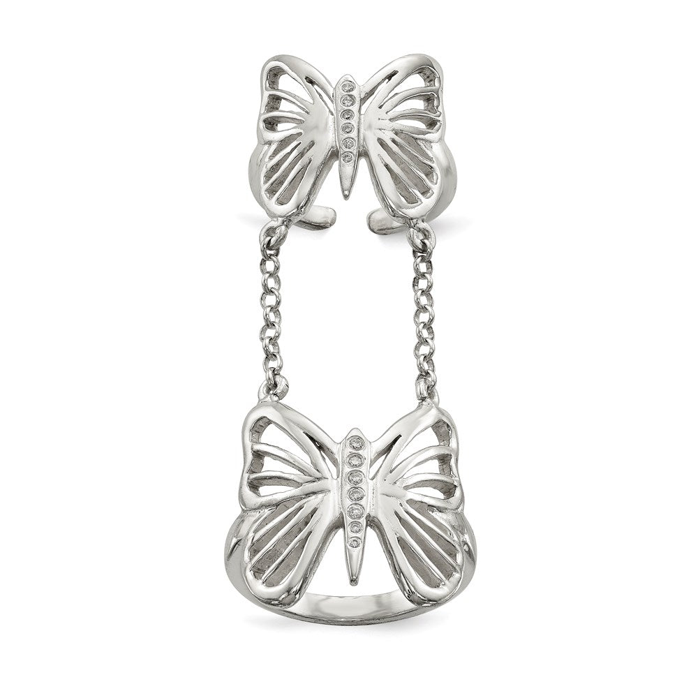 Sterling Silver Polished Cz Butterfly Double Finger Ring