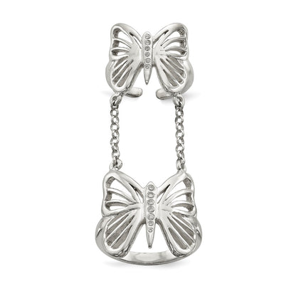 Sterling Silver Polished Cz Butterfly Double Finger Ring